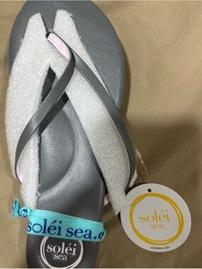 Solei Sea Women's Gray and Light Pink Sandal with Aqua Heel Strap